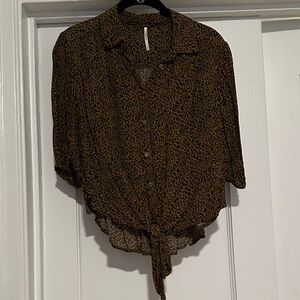 Free People Brown Leopard Print Tie Blouse